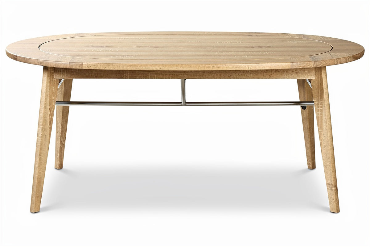 Eettafel van massief hout met een ovaal ontwerp en metalen verbinding.
