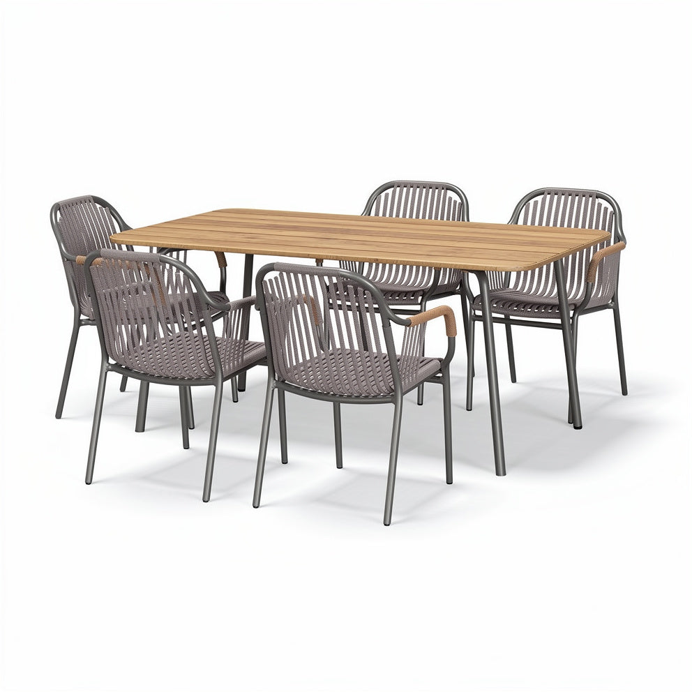 Moderne Tuinset met Houten Tafel en 6 Geweven Stoelen