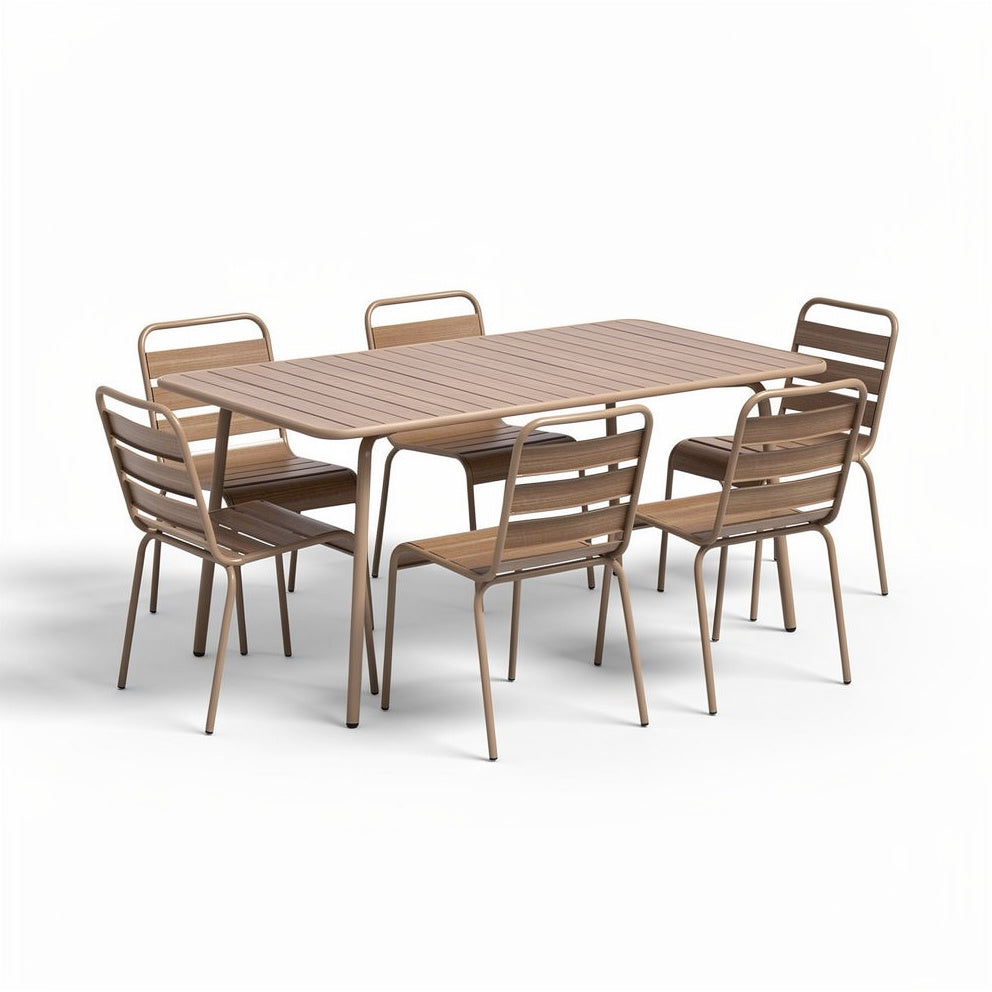 Eetset van Staal en Hout: Rect tafel met 6 stoelen