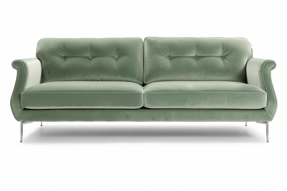 Moderne Groene Velours Bank met Gestructureerde Kussens en Strakke Beugels
