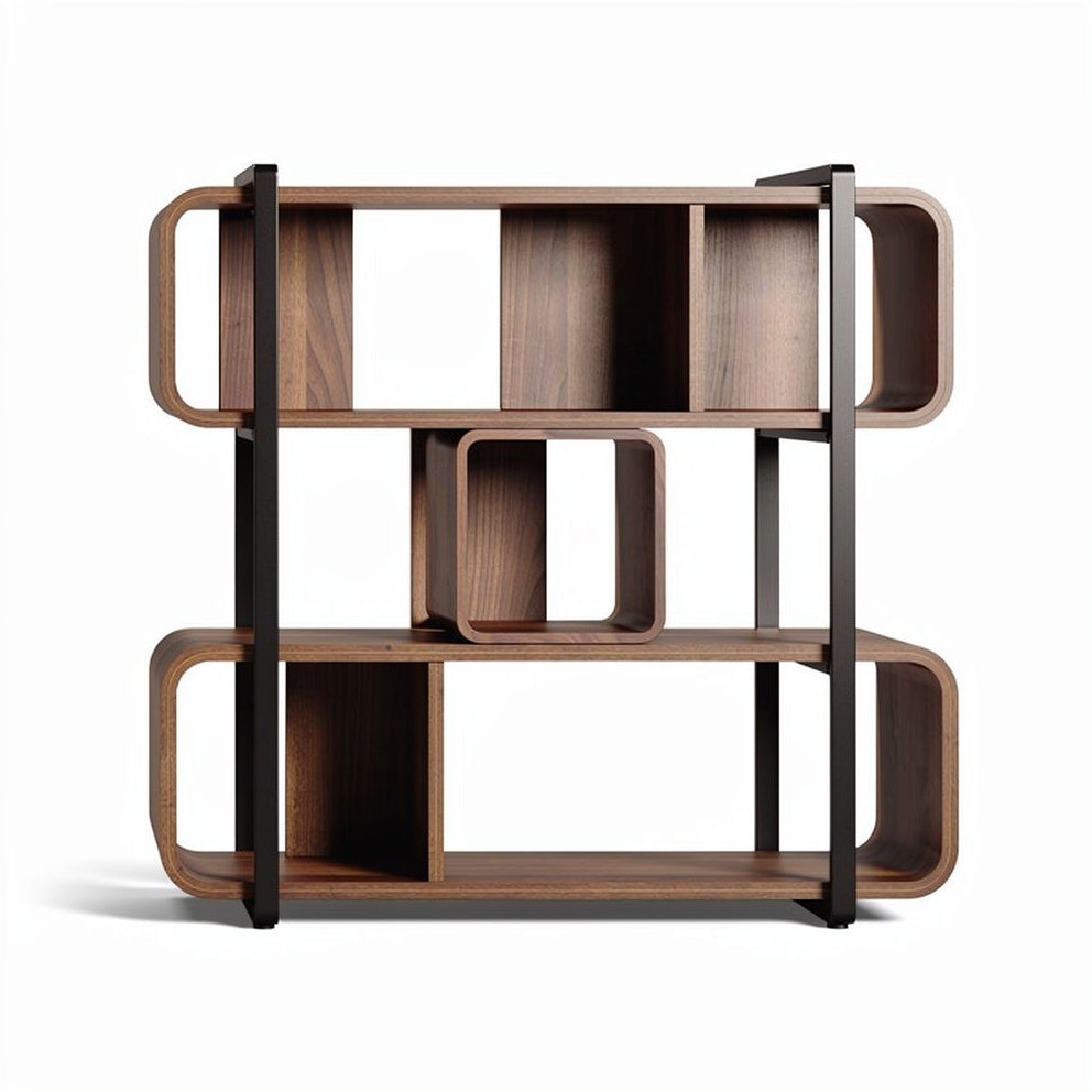 Moderne houten boekenplank met zwart metalen frame en asymmetrisch ontwerp