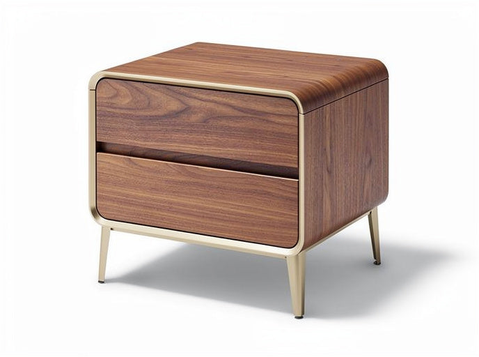 **Moderne nachtkast met houten afwerking en metalen poten**