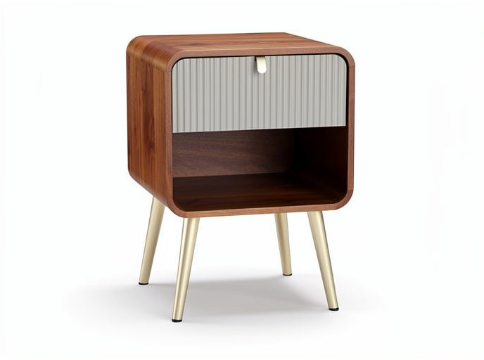 Moderne nachttafel met houten afwerking en metalen poten